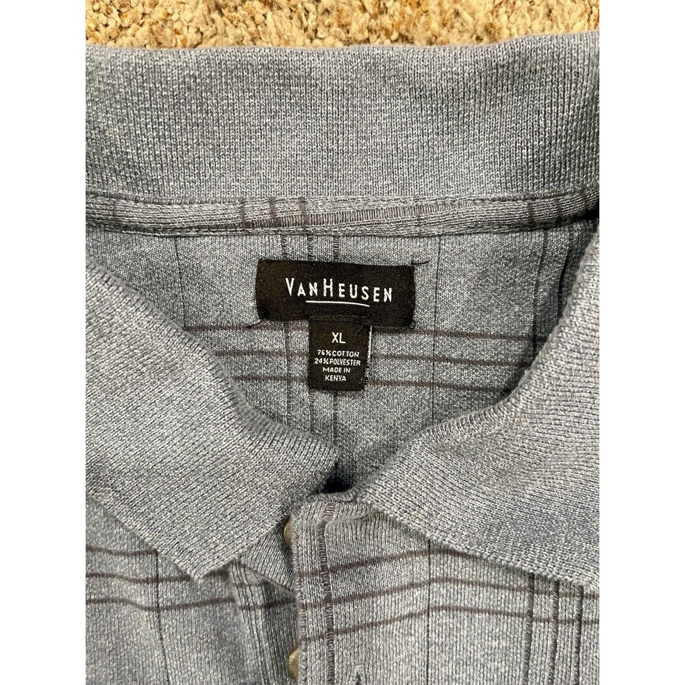 Van Heusen Men’s Long Sleeve Polo XL Gray Blue Plaid Cotton Blend - Picture 3 of 4